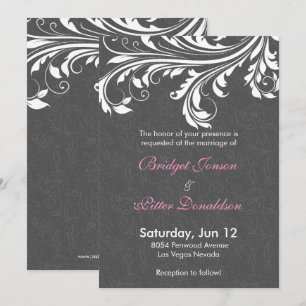Elegant Grey Damask And White Swirls Wedding Invitation
