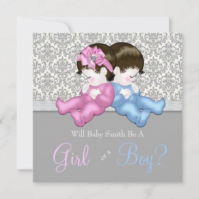 Elegant Grey Damask Gender Reveal Shower Invitation (Front)