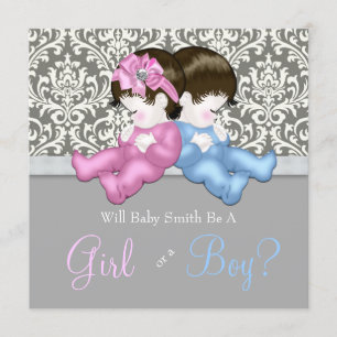 Elegant Grey Damask Gender Reveal Shower Invitation