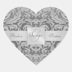 Elegant Grey Damask Heart Wedding Sticker
