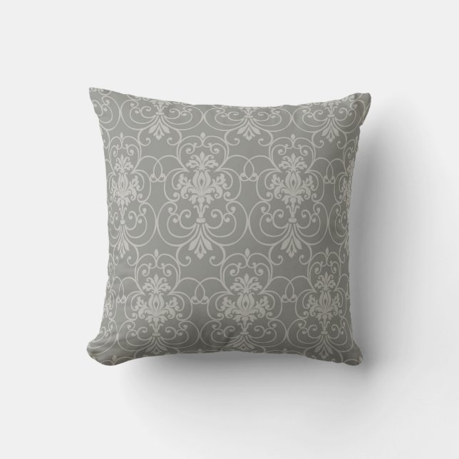 Elegant Grey damask-inspired patterned Throw Pillo Cushion (Front)