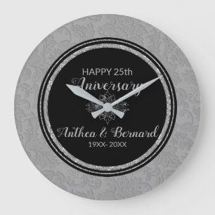 Elegant Grey Damask Large Clock