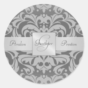 Elegant Grey Damask Monogram Wedding Sticker