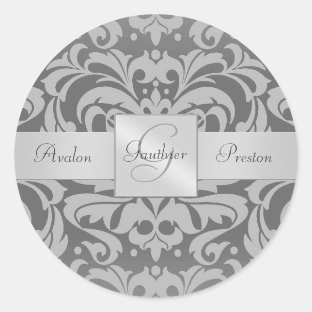 Elegant Grey Damask Monogram Wedding Sticker (Front)