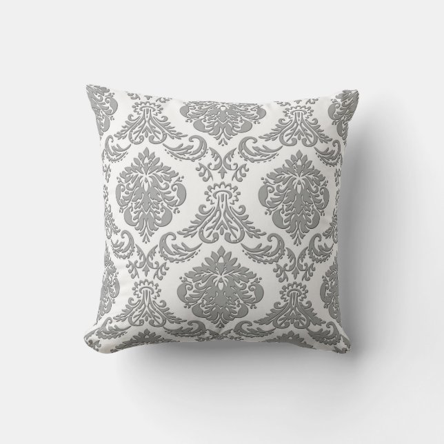 Elegant Grey Damask Pattern Art Cushion (Front)