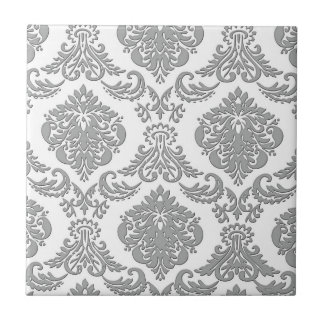 Elegant Grey Damask Pattern Art Tile