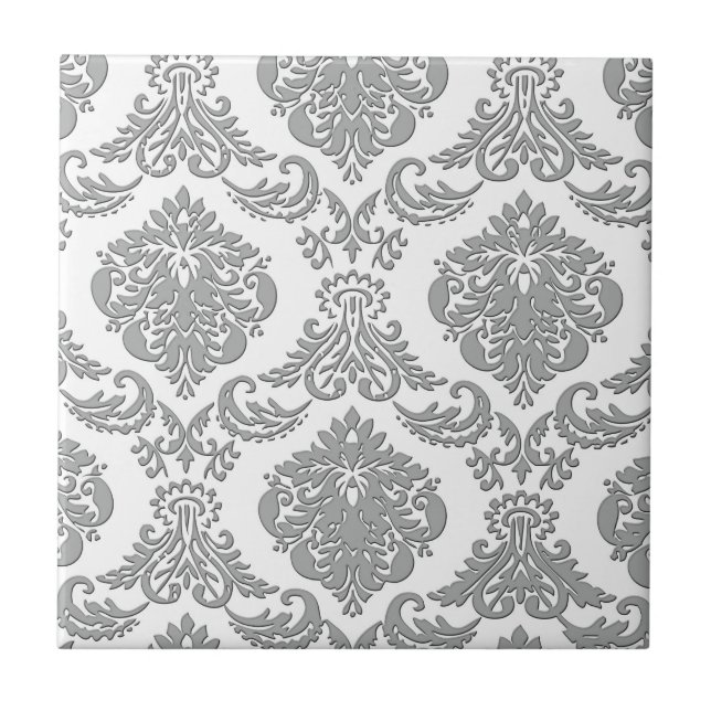 Elegant Grey Damask Pattern Art Tile (Front)