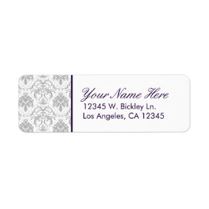 Elegant Grey Damask with Eggplant Purple Text