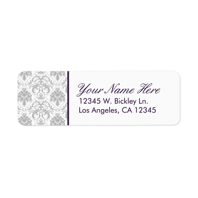 Elegant Grey Damask with Eggplant Purple Text (Front)