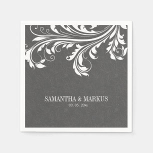 Elegant Grey Damasks And White Vintage Lace Napkin