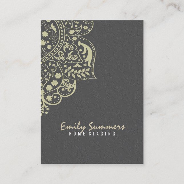 Elegant Grey Damasks Beige Vintage Lace Business Card (Front)