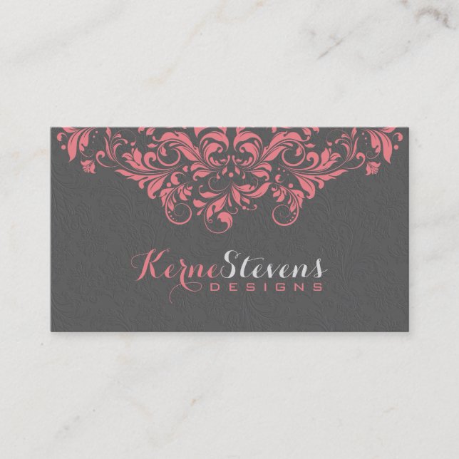 Elegant Grey Damasks & Pink Lace Swirls 2 Business Card (Front)