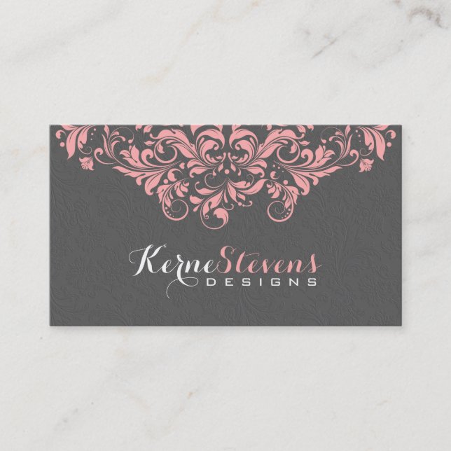 Elegant Grey Damasks & Pink Lace Swirls Business Card (Front)
