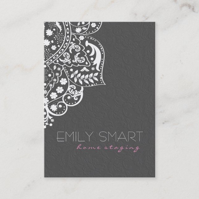 Elegant Grey Damasks White Lace Reversible Business Card (Front)