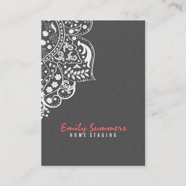Elegant Grey Damasks & White Vintage Lace Business Card (Front)