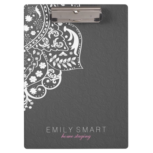 Elegant Grey Damasks With White Floral Lace Clipboard (Front)