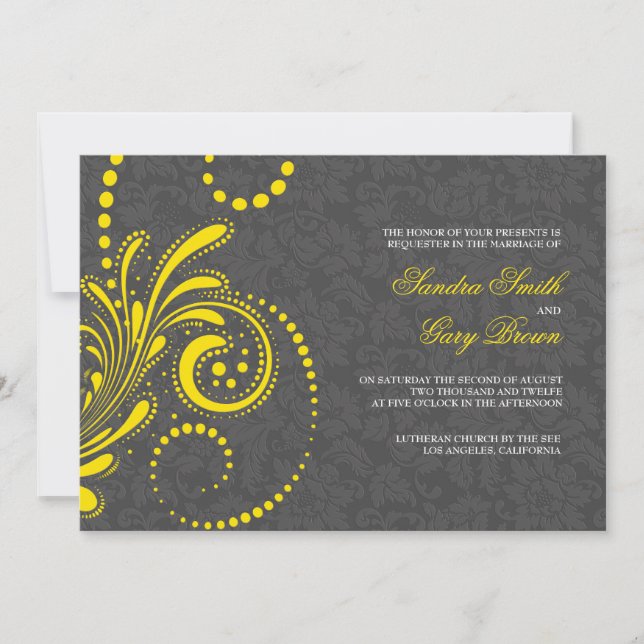 Elegant Grey Damasks Yellow Lace Wedding  Invitation (Front)