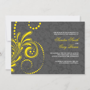 Elegant Grey Damasks Yellow Lace Wedding  Invitation