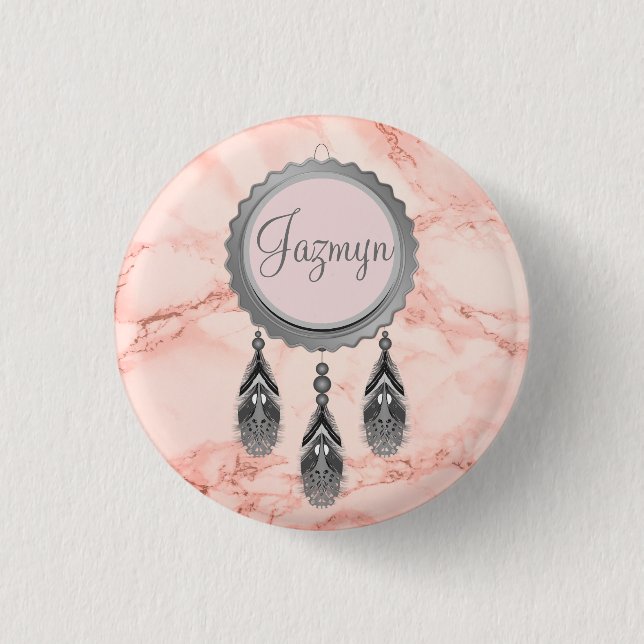 Elegant Grey Dreamcatcher on Pink Marble  3 Cm Round Badge (Front)