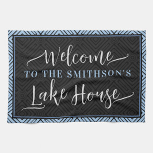 Elegant Grey & Dusty Blue Chic Welcome Lake House Tea Towel