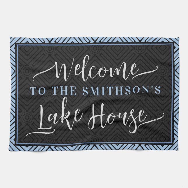  Elegant Grey & Dusty Blue Chic Welcome Lake House Tea Towel (Horizontal)