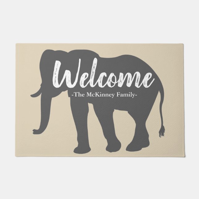 Elegant Grey Elephant Silhouette & Family Name Doormat (Front)
