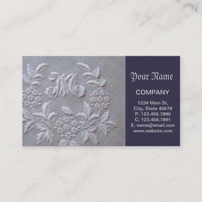 Elegant Grey Embroidery Floral Monogram letter M Business Card (Front)