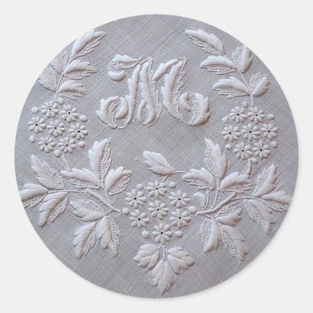 Elegant Grey Embroidery Floral Monogram letter M Classic Round Sticker (Front)