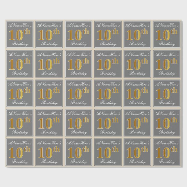 Elegant, Grey, Faux Gold 10th Birthday + Name Wrapping Paper (Flat)