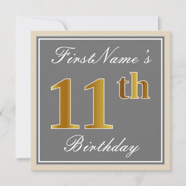 Elegant, Grey, Faux Gold 11th Birthday + Name Invitation (Front)