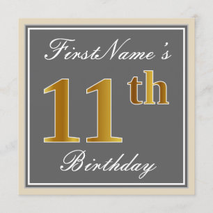 Elegant, Grey, Faux Gold 11th Birthday + Name Invitation