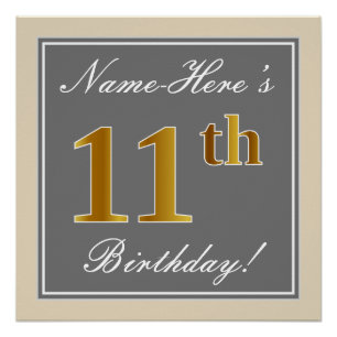 Elegant, Grey, Faux Gold 11th Birthday + Name Poster