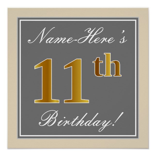 Elegant, Grey, Faux Gold 11th Birthday + Name Poster (Front)