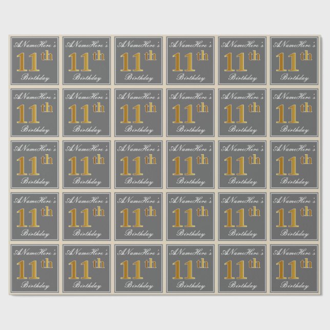 Elegant, Grey, Faux Gold 11th Birthday + Name Wrapping Paper (Flat)