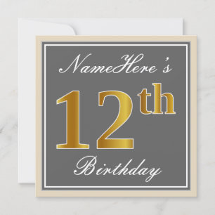 Elegant, Grey, Faux Gold 12th Birthday + Name Invitation