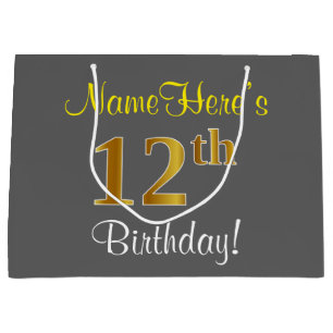 Elegant, Grey, Faux Gold 12th Birthday + Name Large Gift Bag