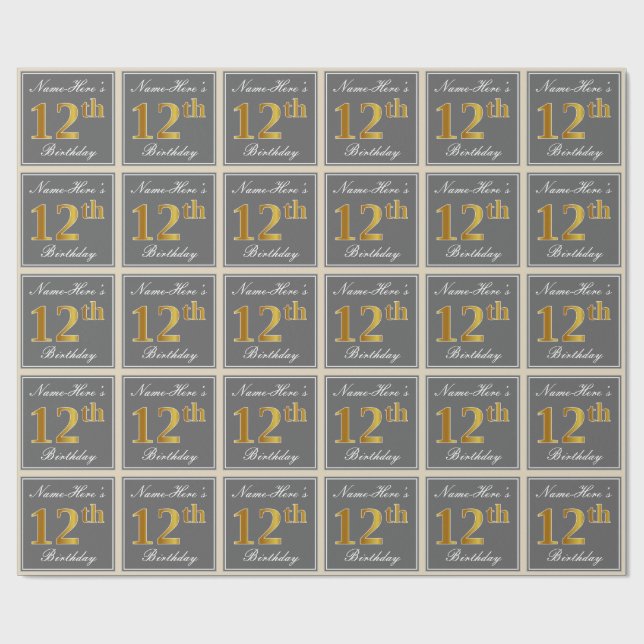 Elegant, Grey, Faux Gold 12th Birthday + Name Wrapping Paper (Flat)