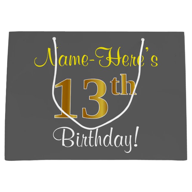 Elegant, Grey, Faux Gold 13th Birthday + Name Large Gift Bag (Front)