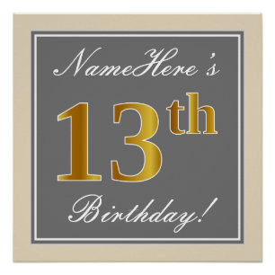 Elegant, Grey, Faux Gold 13th Birthday + Name Poster