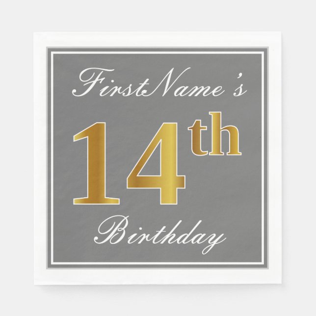 Elegant Grey, Faux Gold 14th Birthday; Custom Name Napkin (Front)