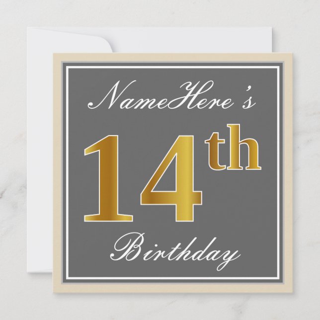 Elegant, Grey, Faux Gold 14th Birthday + Name Invitation (Front)