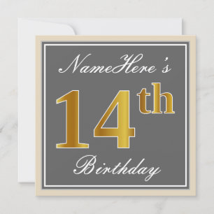 Elegant, Grey, Faux Gold 14th Birthday + Name Invitation