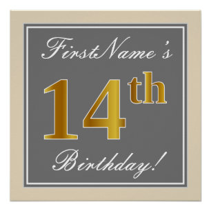 Elegant, Grey, Faux Gold 14th Birthday + Name Poster