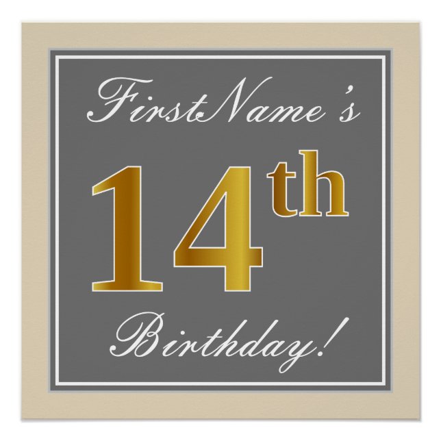 Elegant, Grey, Faux Gold 14th Birthday + Name Poster (Front)