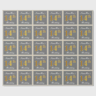 Elegant, Grey, Faux Gold 14th Birthday + Name Wrapping Paper