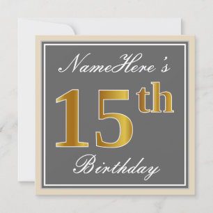 Elegant, Grey, Faux Gold 15th Birthday + Name Invitation