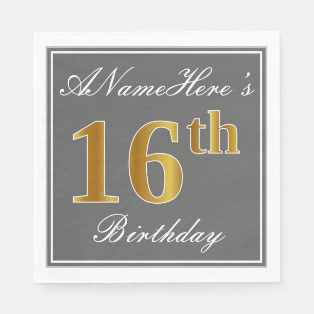 Elegant Grey, Faux Gold 16th Birthday; Custom Name Napkin (Front)