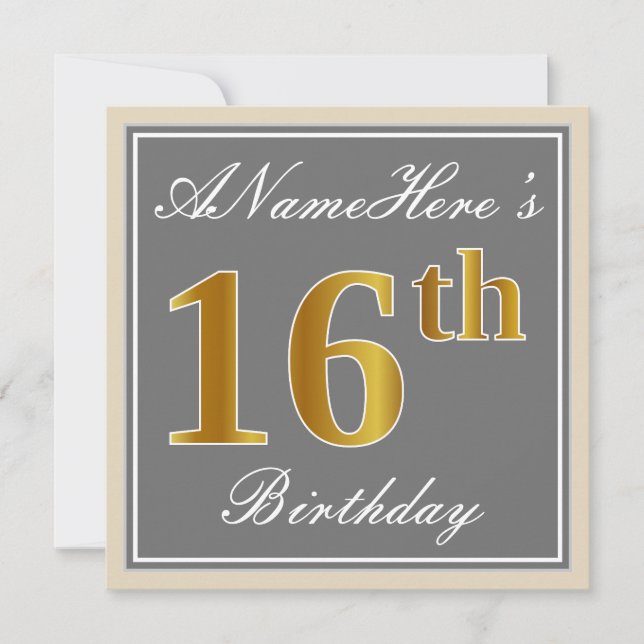 Elegant, Grey, Faux Gold 16th Birthday + Name Invitation (Front)