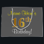 Elegant, Grey, Faux Gold 16th Birthday   Name Large Gift Bag<br><div class="desc">This simple, elegant birthday gift bag design features a personalised message like "Name-Here’s 16th Birthday!" (with the "16th" having a faux/imitation gold-like colouring look) on a grey coloured background. The name is in script-like, yellow-coloured text, and can be customised. A personalised birthday gift bag like this could perhaps be used...</div>