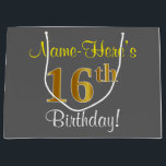 Elegant, Grey, Faux Gold 16th Birthday   Name Large Gift Bag<br><div class="desc">This simple, elegant birthday gift bag design features a personalised message like "Name-Here’s 16th Birthday!" (with the "16th" having a faux/imitation gold-like colouring look) on a grey coloured background. The name is in script-like, yellow-coloured text, and can be customised. A personalised birthday gift bag like this could perhaps be used...</div>